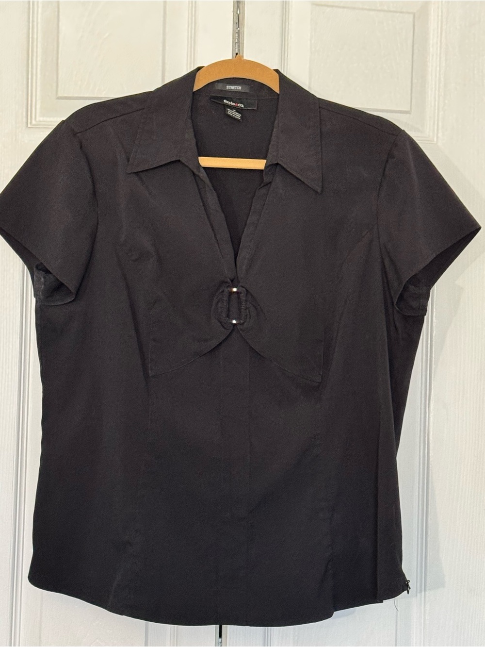 Style & Co. Black Short-Sleeve Button-Front Top with Buckle Detail